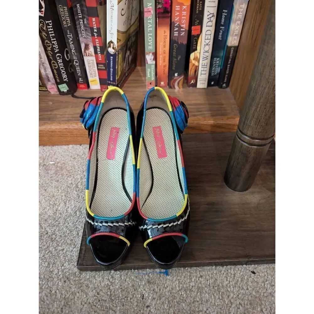 Betsey Johnson Black Womens 8 Open Peep Toe High Heels Shoes Multicolor Floral